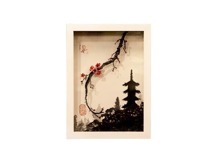 Acuarela inspiración oriental enmarcada árbol 35x24 - Imagen 1